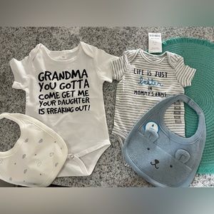 2 onesies and 2 bibs